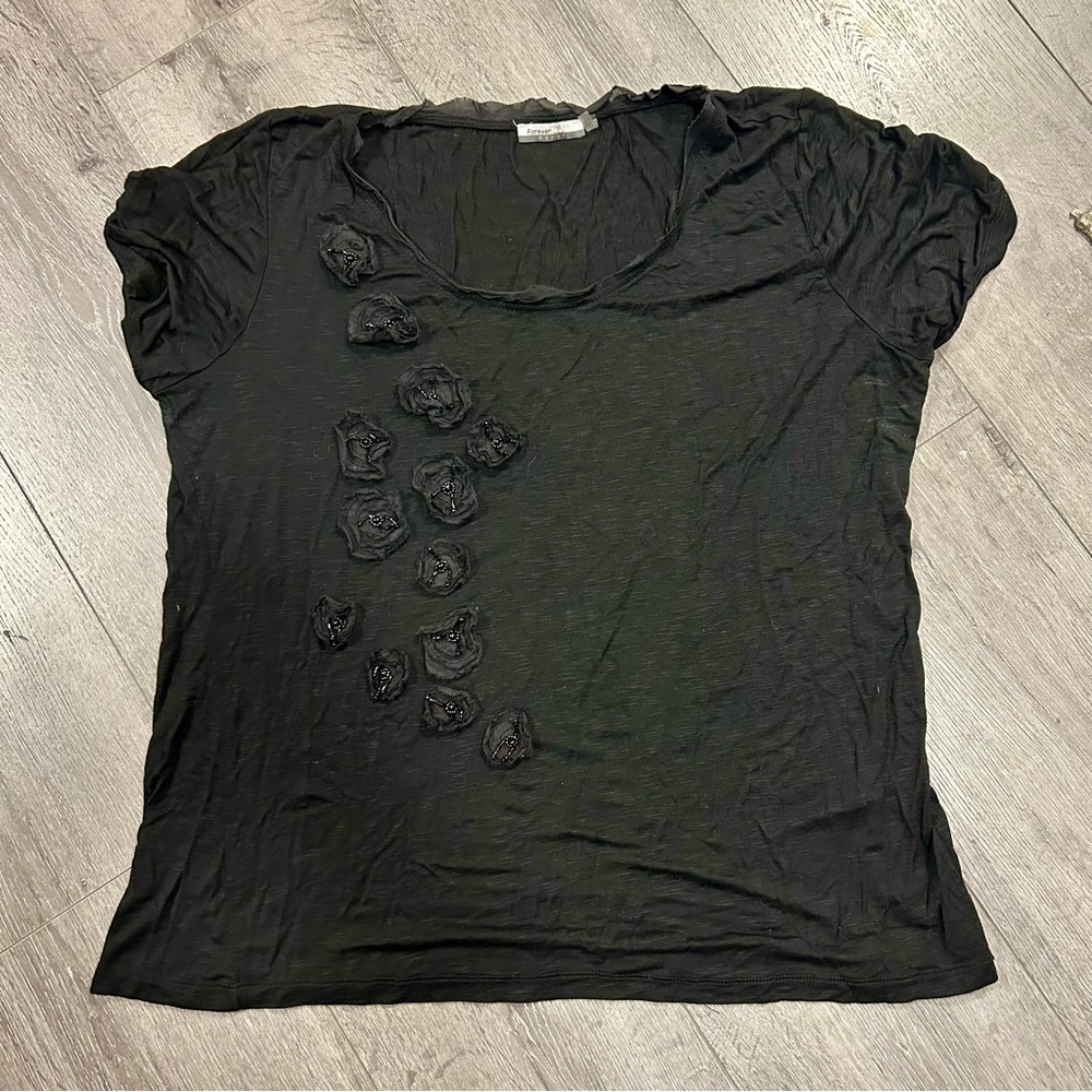 3 for $20 Distressed black Tee, size L loose fit, beaded rose details up on side